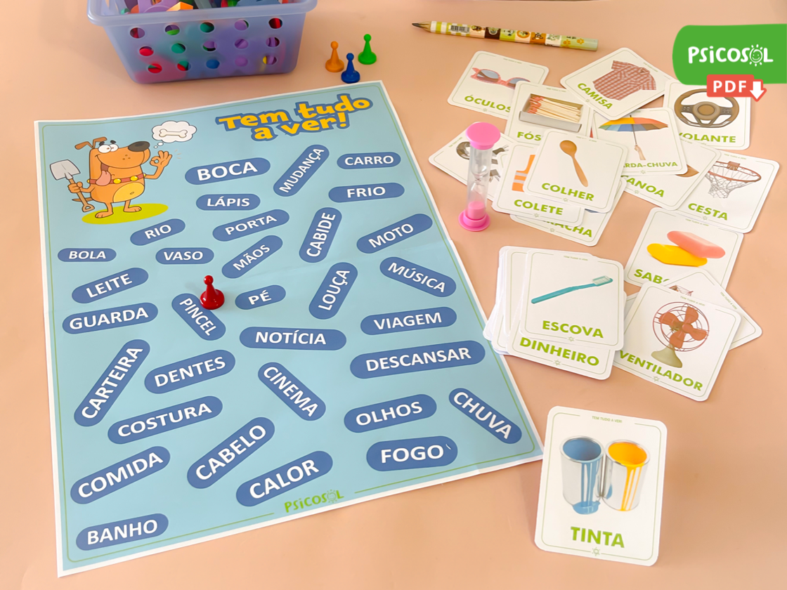 Jogo Tem Tudo a Ver em PDF com tabuleiro e 32 cartas com imagens